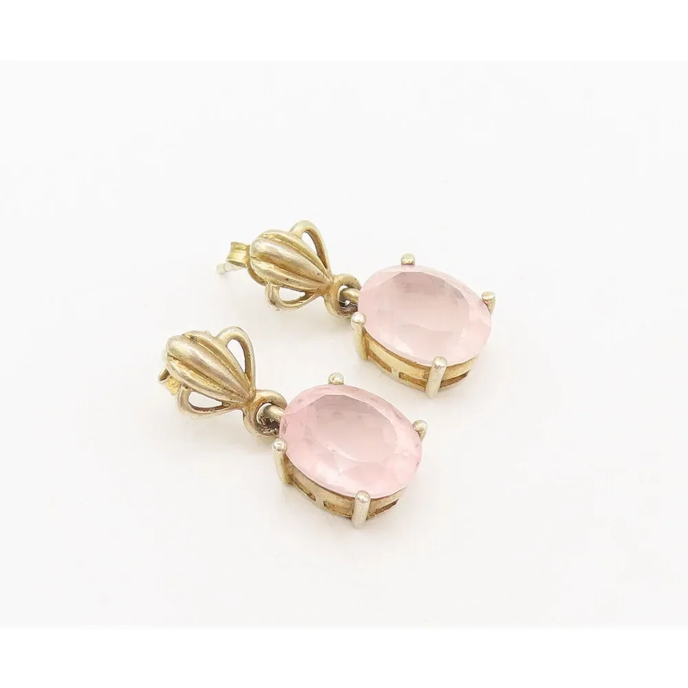 925 Sterling Silver Vintage Carved Leaf Dangling Pink Topaz Earrings EG12789 - Picture 2 of 5
